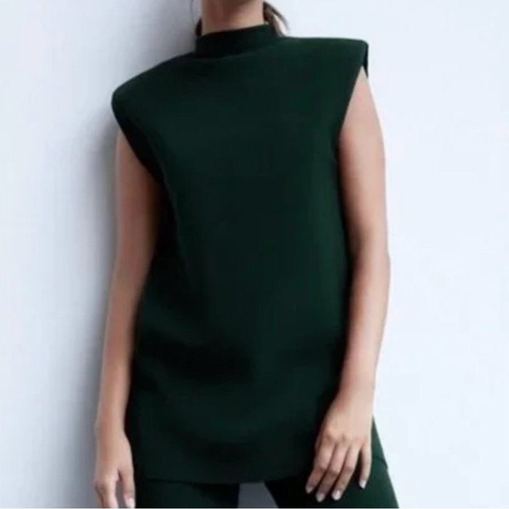 Zara Forest Green Knit Set Padded Shoulder Tunic & Wide Leg Pants Medium